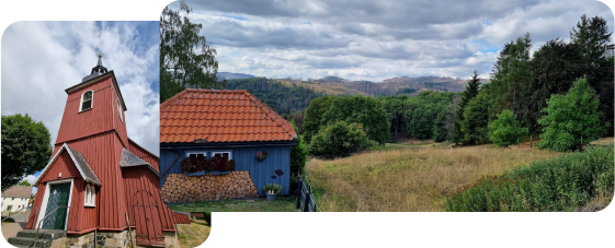 Übereinander lagernde Bilder von Hohegeiß. Auf einem ist der Kirchturm der roten Holzkirche zu sehen, auf dem anderen der Blick Richtung Berge und eine blaue Harzhütte links im Bild.